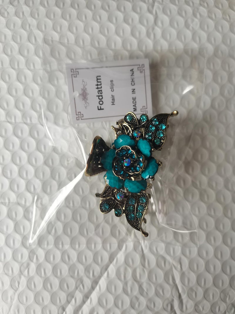 Fodattm Women Lady Retro Rose Flower Imitation Turquoise Hair Claw Clip Vintage Alloy Rhinestone Non-Slip Hair Jaw Clips Hairpin Hair Clamp (Blue) - Image 4